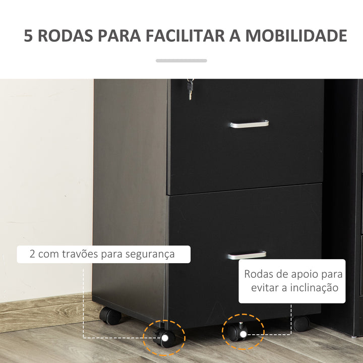 Bloco de Gavetas de Escritório Móvel Auxiliar para Arquivos com 2 Gavetas Fechadura 2 Chaves 5 Rodas e 2 Freios para Estúdio Escritório Dormitório 43x45x72cm Preto