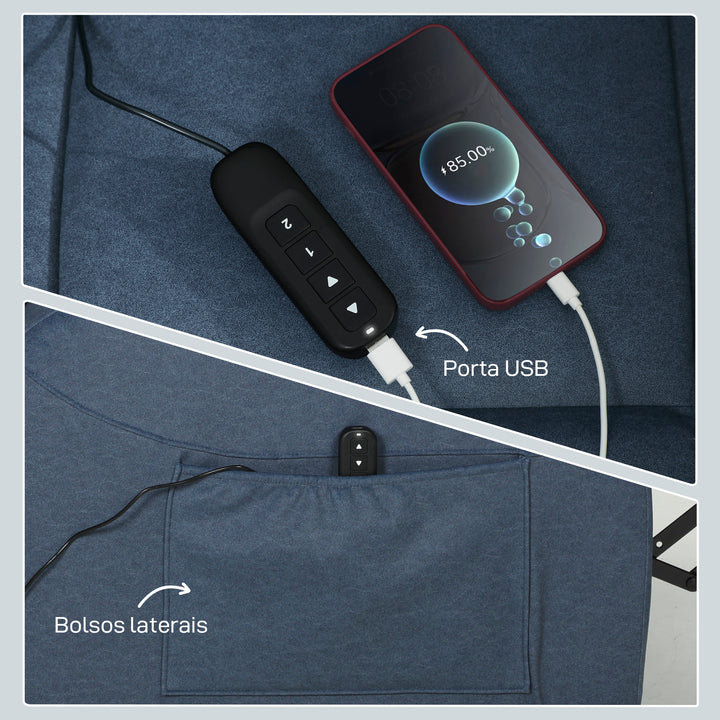 Poltrona Relax Reclinável Elétrica Poltrona Reclinável Silenciosa com Função Memória Apoio para os Pés Controlo Remoto Bolsos Laterais Porta USB Tecido Veludo para Quarto Sala de Estar Azul