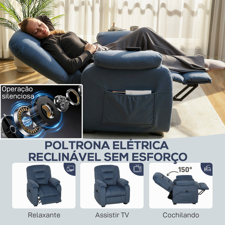 Poltrona Relax Reclinável Elétrica Poltrona Reclinável Silenciosa com Função Memória Apoio para os Pés Controlo Remoto Bolsos Laterais Porta USB Tecido Veludo para Quarto Sala de Estar Azul