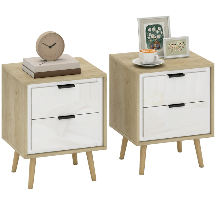 Conjunto de 2 Mesas de Cabeceira Modernas com 2 Gavetas de Deslizamento Silencioso Pés de Madeira para Quarto Sala de Estar 40x35x50 cm Branco Brilhante e Carvalho