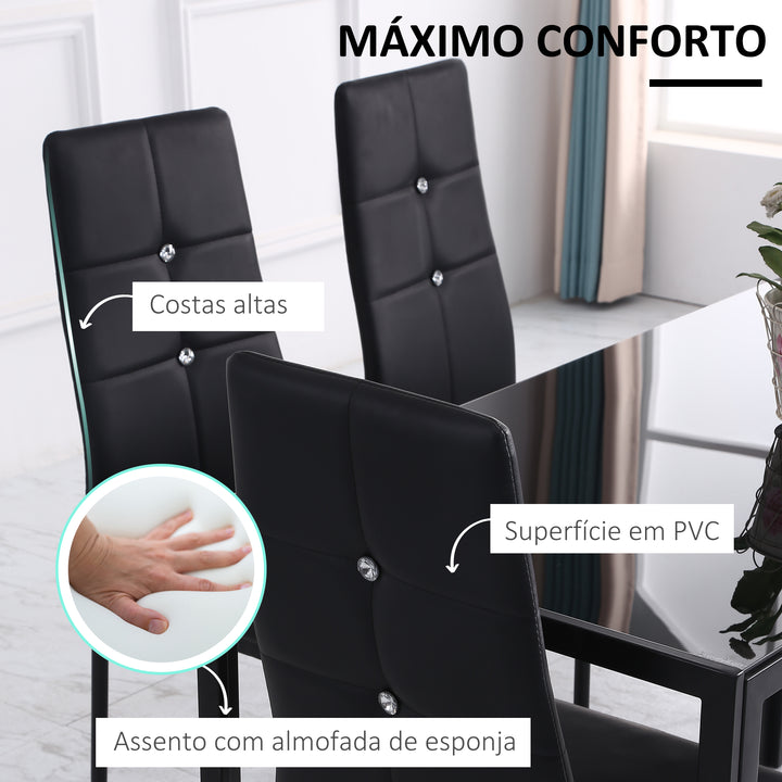 Conjunto de 6 Cadeiras de Sala de Jantar Estofadas em PU Cadeiras de Cozinha com Encosto Alto com Botões e Pernas de Aço Desenho Moderno para Sala de Estar Quarto 41x50x97 cm Preto