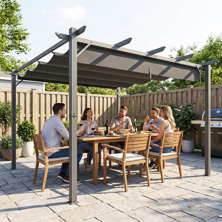 Pérgola de Jardim 3x3 m com Telhado Retrátil Pérgola de Exterior com Proteção UPF30+ Orifícios de Drenagem Estrutura de Alumínio Cobertura para Pátio Terraço Cinzento Escuro