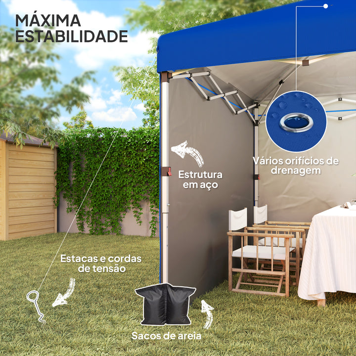 Tenda Dobrável Pop-up Tenda 3x3 m Toldo Dobrável com 2 Laterais Anti-UV Altura Ajustável em 3 Níveis Sacos de Areia e Saco de Transporte com Rodas para Camping Festas Azul