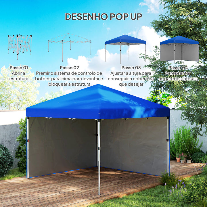 Tenda Dobrável Pop-up Tenda 3x3 m Toldo Dobrável com 2 Laterais Anti-UV Altura Ajustável em 3 Níveis Sacos de Areia e Saco de Transporte com Rodas para Camping Festas Azul