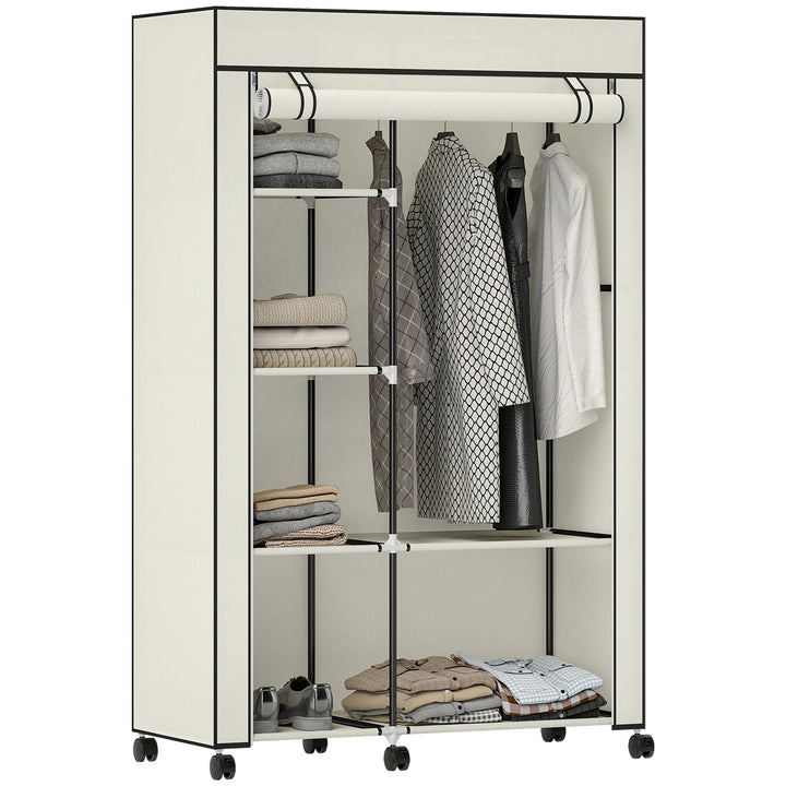 Roupeiro de Tecido Dobrável Armário de Roupa Portátil com 6 Prateleiras 1 Barra de Pendurar e Rodas para Dormitório Vestidor 103x43x162,5 cm Creme