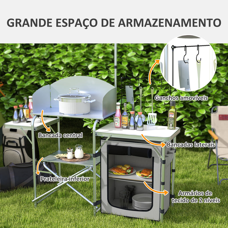 Móvel de Cozinha para Campismo Armário para Campismo Dobrável com Mesas Estante Suporte de Luz Ganchos e Bolsa de Transporte para Campismo Piquenique 144x48x119 cm Prata e Cinza Claro