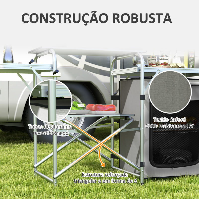 Móvel de Cozinha para Campismo Armário para Campismo Dobrável com Mesas Estante Suporte de Luz Ganchos e Bolsa de Transporte para Campismo Piquenique 144x48x119 cm Prata e Cinza Claro