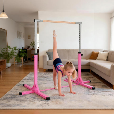 Barra de Ginástica para Crianças acima de 3 Anos Barra de Treino com Altura Ajustável 92-150 cm Barra Horizontal de Ginástica Carga 75 kg 197x121x150 cm Rosa