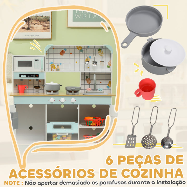 Cozinha de Madeira para Crianças acima de 3 Anos Cozinha de Brincar Infantil com Sons Fogão Lavatório Micro-Ondas Máquina de Café Máquina de Gelo e Acessórios 88,6x31,7x90,4 cm Branco
