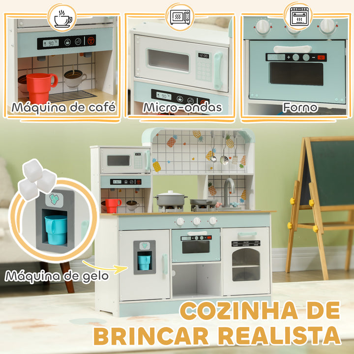 Cozinha de Madeira para Crianças acima de 3 Anos Cozinha de Brincar Infantil com Sons Fogão Lavatório Micro-Ondas Máquina de Café Máquina de Gelo e Acessórios 88,6x31,7x90,4 cm Branco