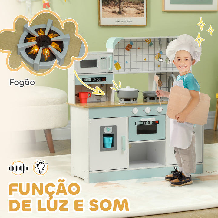 Cozinha de Madeira para Crianças acima de 3 Anos Cozinha de Brincar Infantil com Sons Fogão Lavatório Micro-Ondas Máquina de Café Máquina de Gelo e Acessórios 88,6x31,7x90,4 cm Branco
