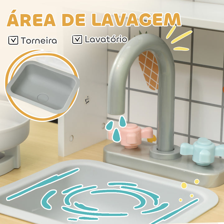 Cozinha de Madeira para Crianças acima de 3 Anos Cozinha de Brincar Infantil com Sons Fogão Lavatório Micro-Ondas Máquina de Café Máquina de Gelo e Acessórios 88,6x31,7x90,4 cm Branco
