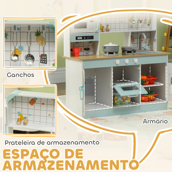 Cozinha de Madeira para Crianças acima de 3 Anos Cozinha de Brincar Infantil com Sons Fogão Lavatório Micro-Ondas Máquina de Café Máquina de Gelo e Acessórios 88,6x31,7x90,4 cm Branco