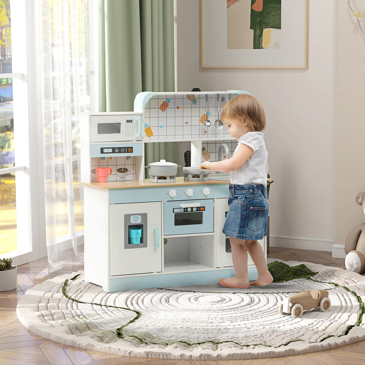 Cozinha de Madeira para Crianças acima de 3 Anos Cozinha de Brincar Infantil com Sons Fogão Lavatório Micro-Ondas Máquina de Café Máquina de Gelo e Acessórios 88,6x31,7x90,4 cm Branco