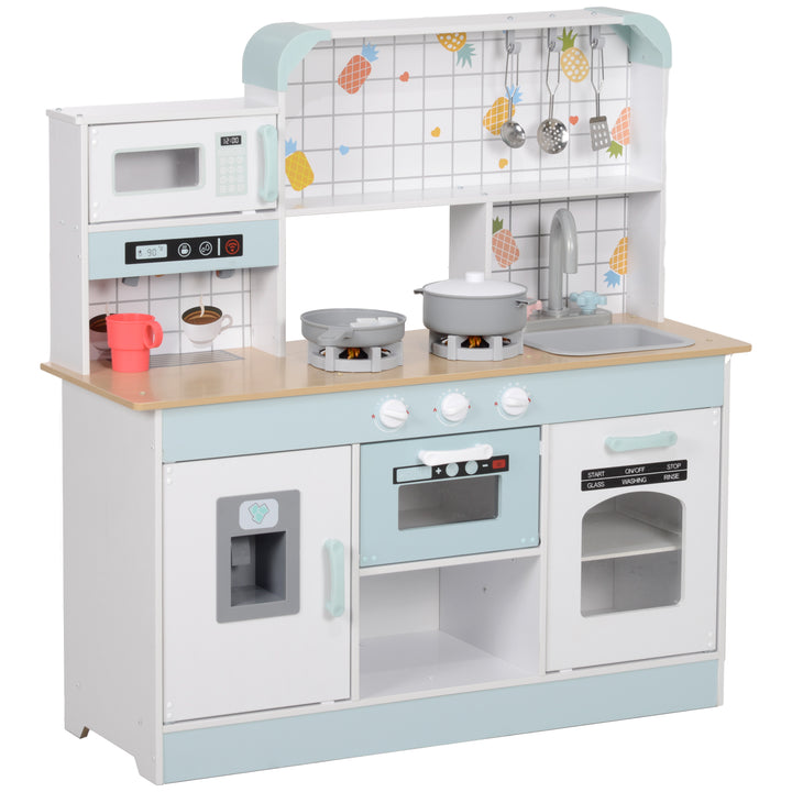 Cozinha de Madeira para Crianças acima de 3 Anos Cozinha de Brincar Infantil com Sons Fogão Lavatório Micro-Ondas Máquina de Café Máquina de Gelo e Acessórios 88,6x31,7x90,4 cm Branco