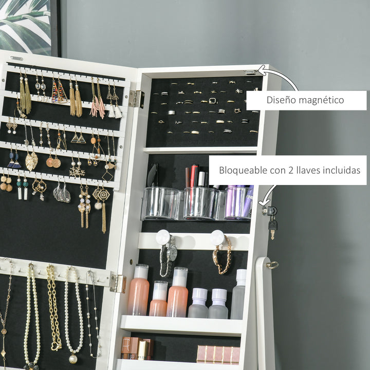 Joalheiro de Pé Armário para Jóias com Fita de Luz LED e Fechadura Magnética Organizador de Jóias com Prateleiras Ranhuras para Anéis Brincos 46x36,5x151,5cm Branco