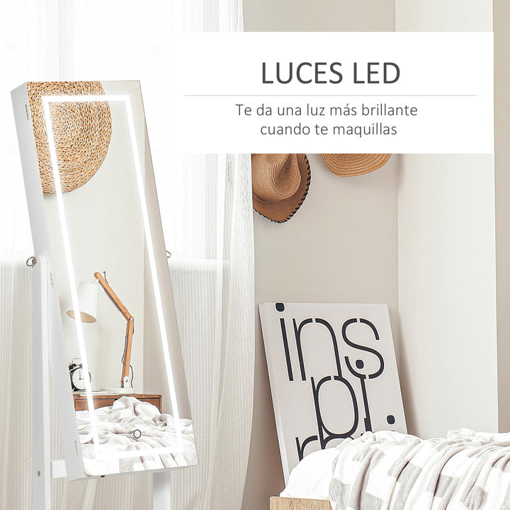 Joalheiro de Pé Armário para Jóias com Fita de Luz LED e Fechadura Magnética Organizador de Jóias com Prateleiras Ranhuras para Anéis Brincos 46x36,5x151,5cm Branco