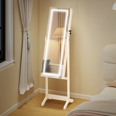 Joalheiro de Pé Armário para Jóias com Fita de Luz LED e Fechadura Magnética Organizador de Jóias com Prateleiras Ranhuras para Anéis Brincos 46x36,5x151,5cm Branco