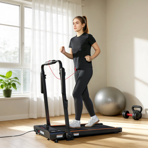 Passadeira Dobrável 2 em 1, Caminhadora Elétrica 1-12 KM/H 2.5HP com Secretária Removível e Guiador Ajustável em Altura, Ecrã LED e Suporte para Telemóvel, para Casa e Escritório