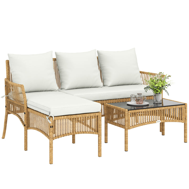 Conjunto de Jardim em Vime de 3 Peças Móveis de Exterior com 1 Sofá de 2 Lugares 1 Chaise Longue e 1 Mesa de Centro com Vidro Temperado, Almofadas Resistente Creme