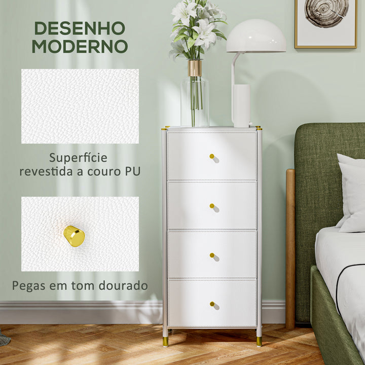 Cómoda para Dormitório Cómoda de Tecido com 4 Gavetas Dobráveis com Frentes de Couro PU e Estrutura de Aço Cómoda para Dormitório 46x30x98 cm Branco