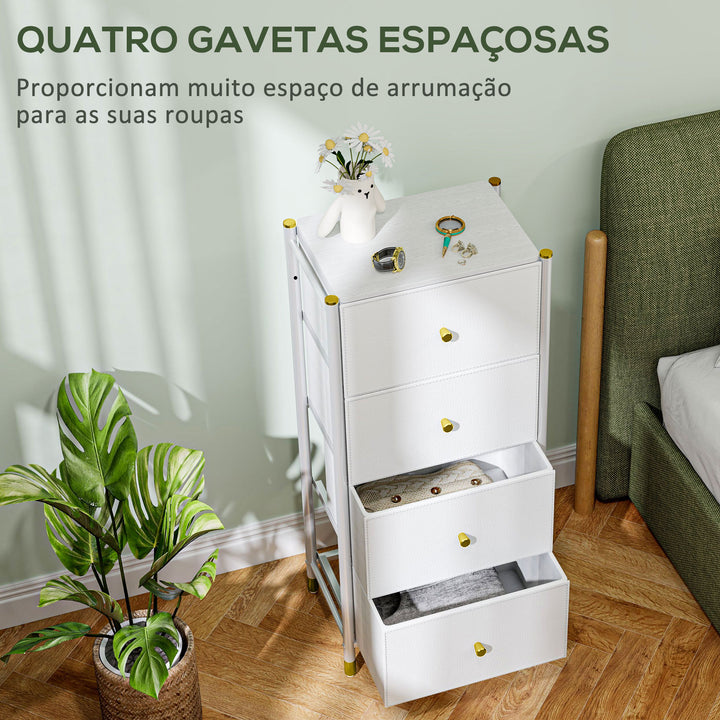 Cómoda para Dormitório Cómoda de Tecido com 4 Gavetas Dobráveis com Frentes de Couro PU e Estrutura de Aço Cómoda para Dormitório 46x30x98 cm Branco