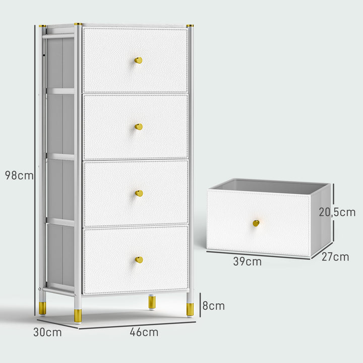 Cómoda para Dormitório Cómoda de Tecido com 4 Gavetas Dobráveis com Frentes de Couro PU e Estrutura de Aço Cómoda para Dormitório 46x30x98 cm Branco