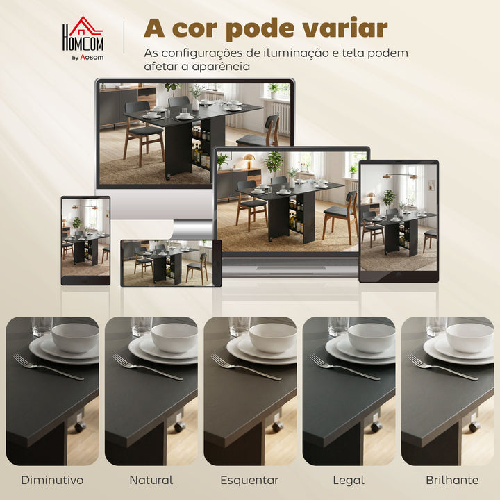 Mesa de Cozinha Dobrável Mesa de Madeira com 2 Prateleiras de Armazenamento e Laterais Dobráveis Estilo Moderno para Sala de Estar 75x140x74 cm Preto