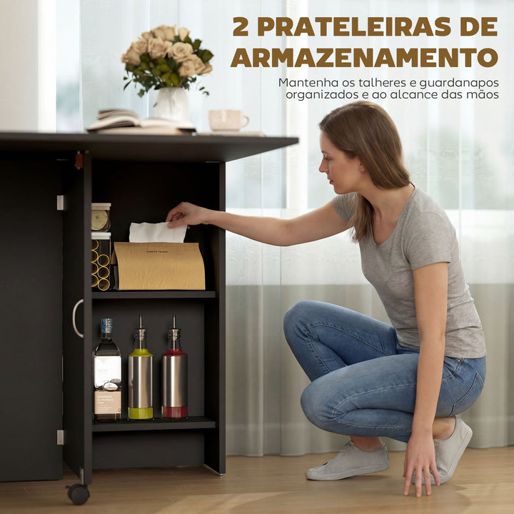 Mesa de Cozinha Dobrável Mesa de Madeira com 2 Prateleiras de Armazenamento e Laterais Dobráveis Estilo Moderno para Sala de Estar 75x140x74 cm Preto