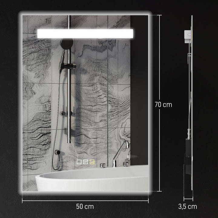 Espelho de Casa de Banho com Luz LED 70x50 cm Espelho de Casa de Banho de Parede com 3 Cores de Luz Função Antiembaciamento Função de Memória IP44