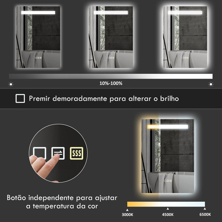 Espelho de Casa de Banho com Luz LED 70x50 cm Espelho de Casa de Banho de Parede com 3 Cores de Luz Função Antiembaciamento Função de Memória IP44