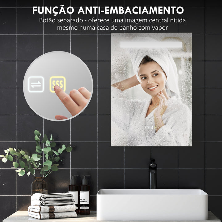 Espelho de Casa de Banho com Luz LED 70x50 cm Espelho de Casa de Banho de Parede com 3 Cores de Luz Função Antiembaciamento Função de Memória IP44