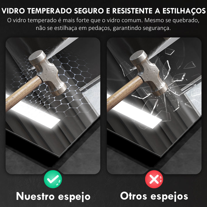 Espelho de Casa de Banho com Luz LED 70x50 cm Espelho de Casa de Banho de Parede com 3 Cores de Luz Função Antiembaciamento Função de Memória IP44