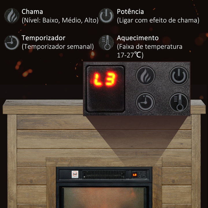 Lareira Elétrica 1800W Lareira Decorativa com Efeito de Chama Realista Controlo Remoto Temporizador Semanal Proteção Contra Sobreaquecimento para Ambientes de 30 m² 96,5x22x81,7 cm Efeito Madeira