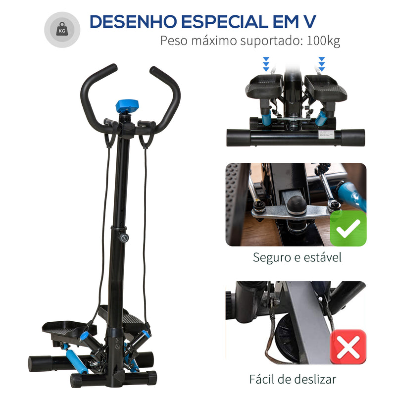 Máquina de Step Fitness com Guiador Ajustável em Altura Tela LCD Bandas Elásticas Pedais Antiderrapantes Equipamento de Exercício para Academia em Casa 55x53x118-128cm Preto