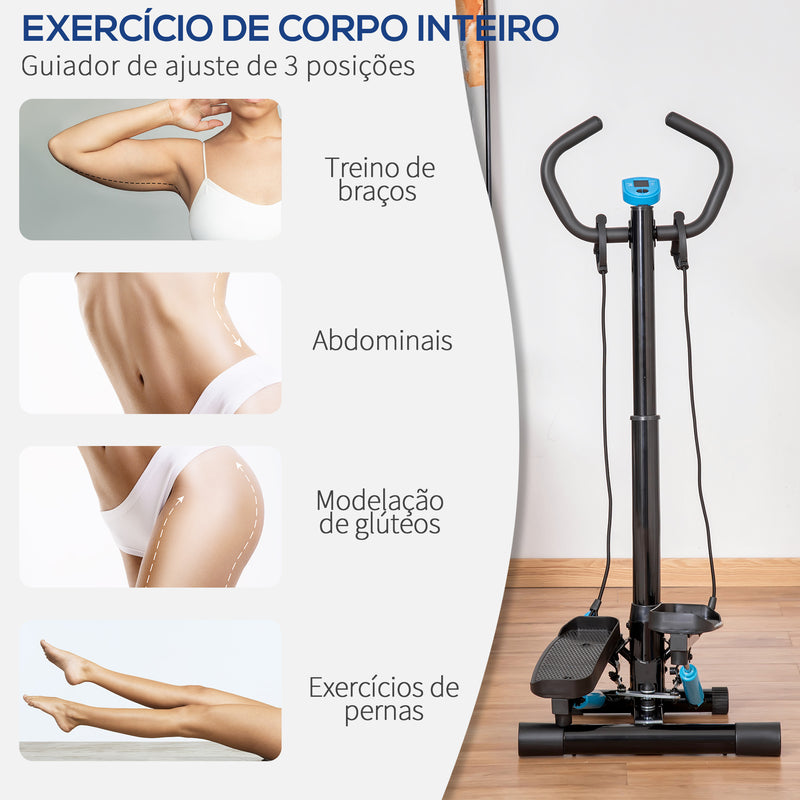 Máquina de Step Fitness com Guiador Ajustável em Altura Tela LCD Bandas Elásticas Pedais Antiderrapantes Equipamento de Exercício para Academia em Casa 55x53x118-128cm Preto