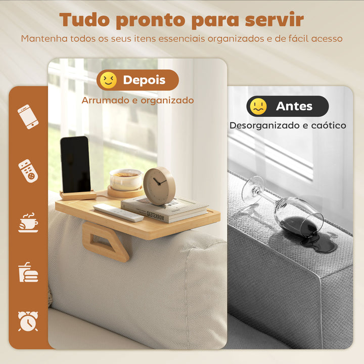 Bandeja para Apoio de Braço de Sofá Flexível em Bambu Bandeja de Braço para Sofá com Porta-Copos Extraível Mesa Lateral com Dobradiças e Suporte Giratório 360° para Telemóvel Snacks Bebidas 33x23x5 cm Madeira