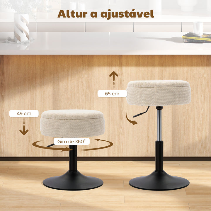 Banco de Bar com Armazenamento Altura Ajustável Banco de Cozinha Redondo Giratório Estofado em Chenilla Base em Aço Acolchoado para Sala de Estar Sala de Jantar Escritório 39x39x49-65 cm Bege