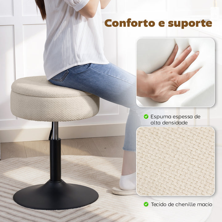 Banco de Bar com Armazenamento Altura Ajustável Banco de Cozinha Redondo Giratório Estofado em Chenilla Base em Aço Acolchoado para Sala de Estar Sala de Jantar Escritório 39x39x49-65 cm Bege