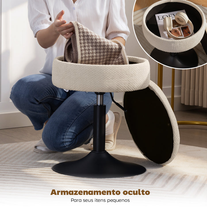 Banco de Bar com Armazenamento Altura Ajustável Banco de Cozinha Redondo Giratório Estofado em Chenilla Base em Aço Acolchoado para Sala de Estar Sala de Jantar Escritório 39x39x49-65 cm Bege