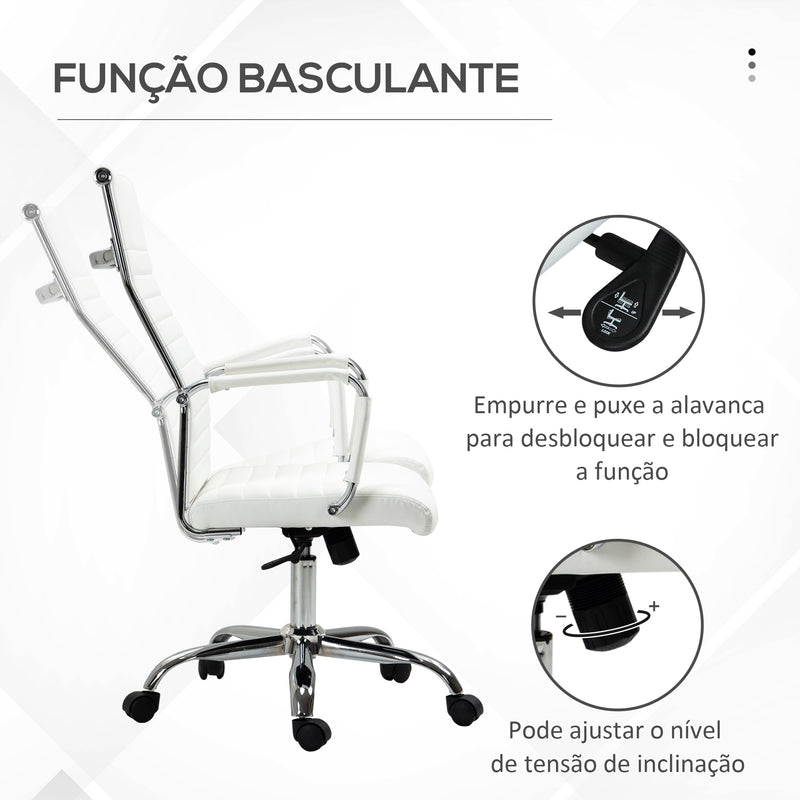 Cadeira de Escritório Ergonómica Giratória 360° Basculante com Altura Ajustável Rodas e Apoio para os Braços Estofada Pele Sintética 54x62x104-114 cm Branco