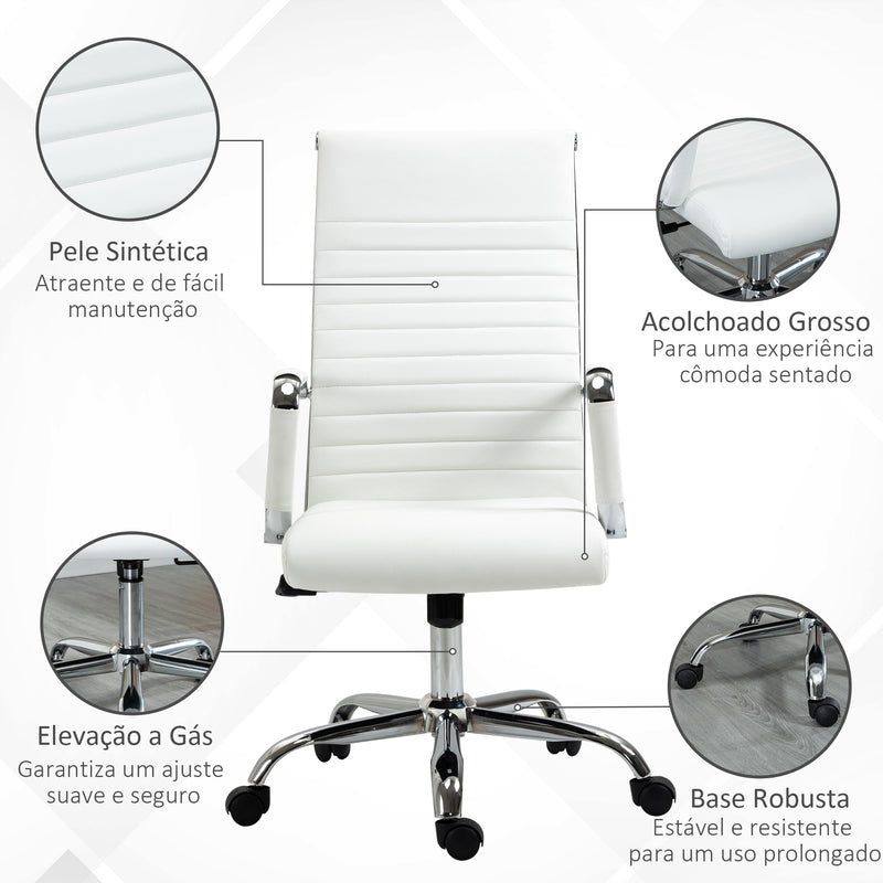 Cadeira de Escritório Ergonómica Giratória 360° Basculante com Altura Ajustável Rodas e Apoio para os Braços Estofada Pele Sintética 54x62x104-114 cm Branco