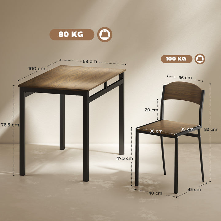 Conjunto de Mesa e Cadeiras de Refeição Mesa de Cozinha Retangular com 4 Cadeiras Estilo Moderno Estrutura Metálica para Espaços Pequenos Castanho Escuro e Preto