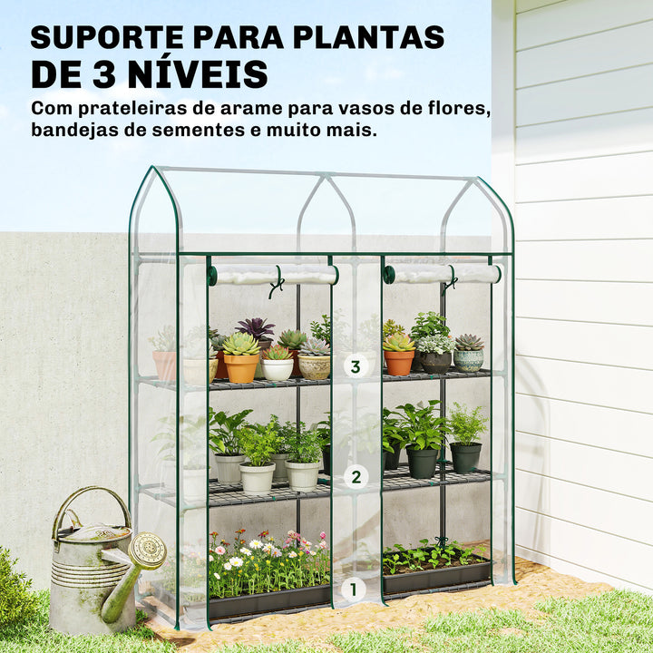 Estufa Pequena de 3 Níveis, Estufa de Exterior com 2 Portas Enroláveis, Estrutura de Aço e Cobertura de Plástico Anti-UV para Cultivo de Plantas, Flores, 143x46x165 cm, Transparente