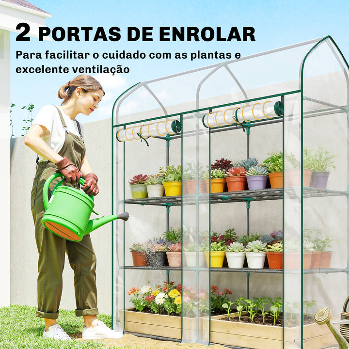 Estufa Pequena de 3 Níveis, Estufa de Exterior com 2 Portas Enroláveis, Estrutura de Aço e Cobertura de Plástico Anti-UV para Cultivo de Plantas, Flores, 143x46x165 cm, Transparente