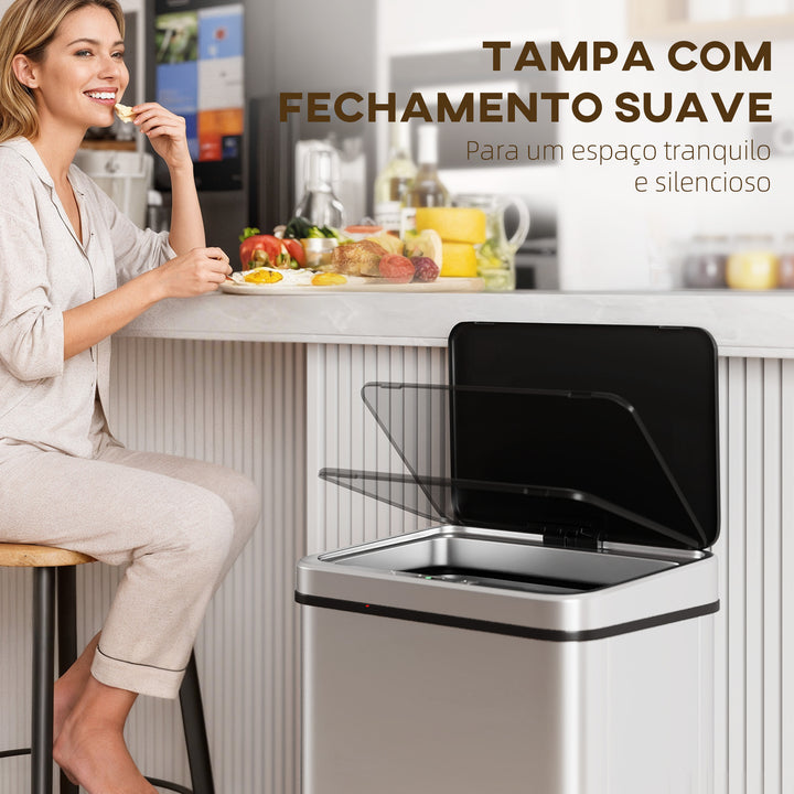 Balde de Lixo Automático 50 L Papelera de Cozinha em Aço Inoxidável com Sensor Infravermelhos Fecho Suave Pés, Aro de Retenção Anti-Impressões para Escritório Casa 35,5x26x83,5 cm Prata