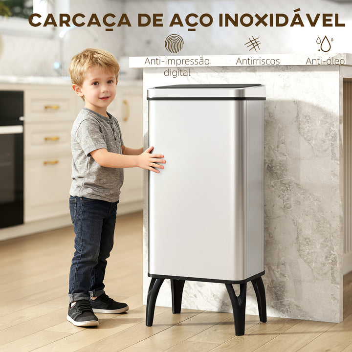 Balde de Lixo Automático 50 L Papelera de Cozinha em Aço Inoxidável com Sensor Infravermelhos Fecho Suave Pés, Aro de Retenção Anti-Impressões para Escritório Casa 35,5x26x83,5 cm Prata