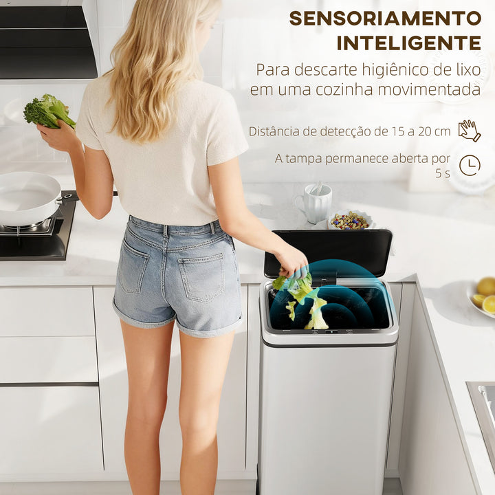 Balde de Lixo Automático 50 L Papelera de Cozinha em Aço Inoxidável com Sensor Infravermelhos Fecho Suave Pés, Aro de Retenção Anti-Impressões para Escritório Casa 35,5x26x83,5 cm Prata