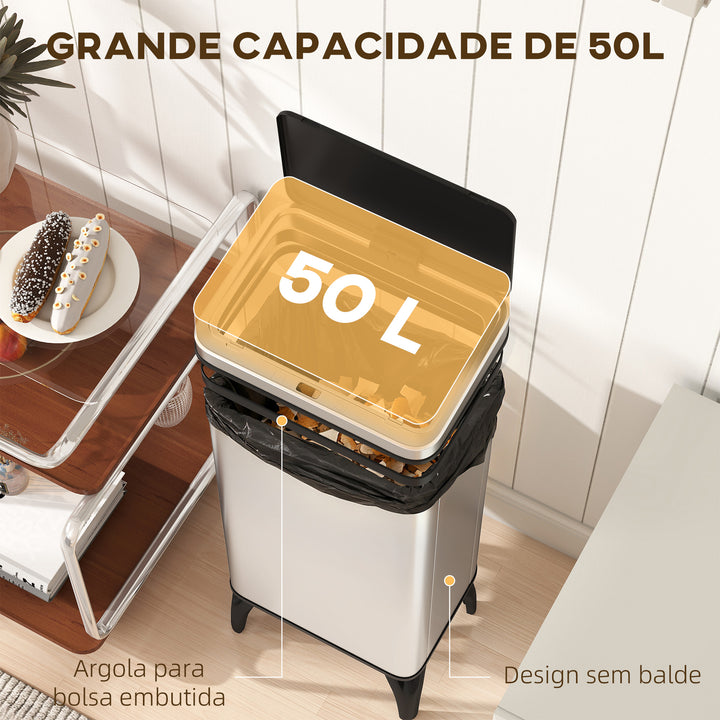Balde de Lixo Automático 50 L Papelera de Cozinha em Aço Inoxidável com Sensor Infravermelhos Fecho Suave Pés, Aro de Retenção Anti-Impressões para Escritório Casa 35,5x26x83,5 cm Prata