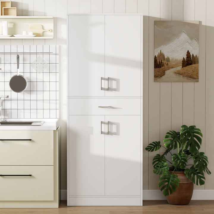 Armário de Cozinha Móvel de Cozinha com 4 Portas 1 Gaveta e Prateleiras Ajustáveis Anti-Tombo Armário de Cozinha Moderno para Sala de Jantar Sala de Estar 70,8x34x180 cm Branco